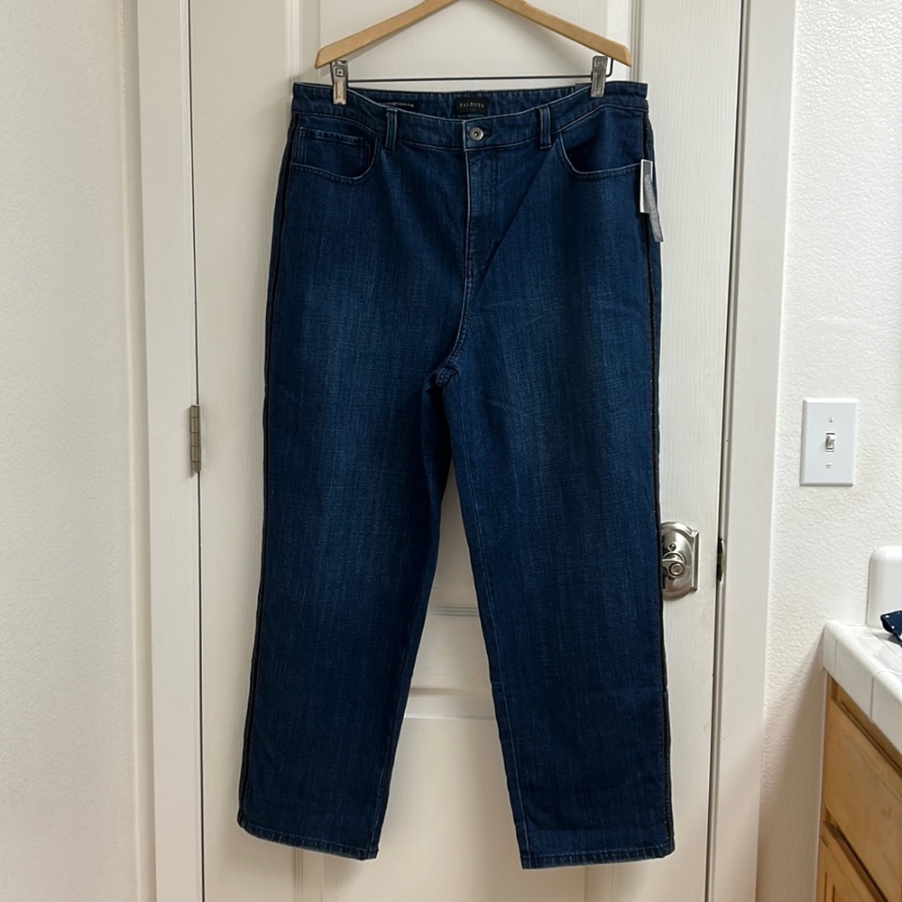 NWT Talbots High Waist Straight Ankle Jean, Ladies Size 16 Side Ribbon Trim